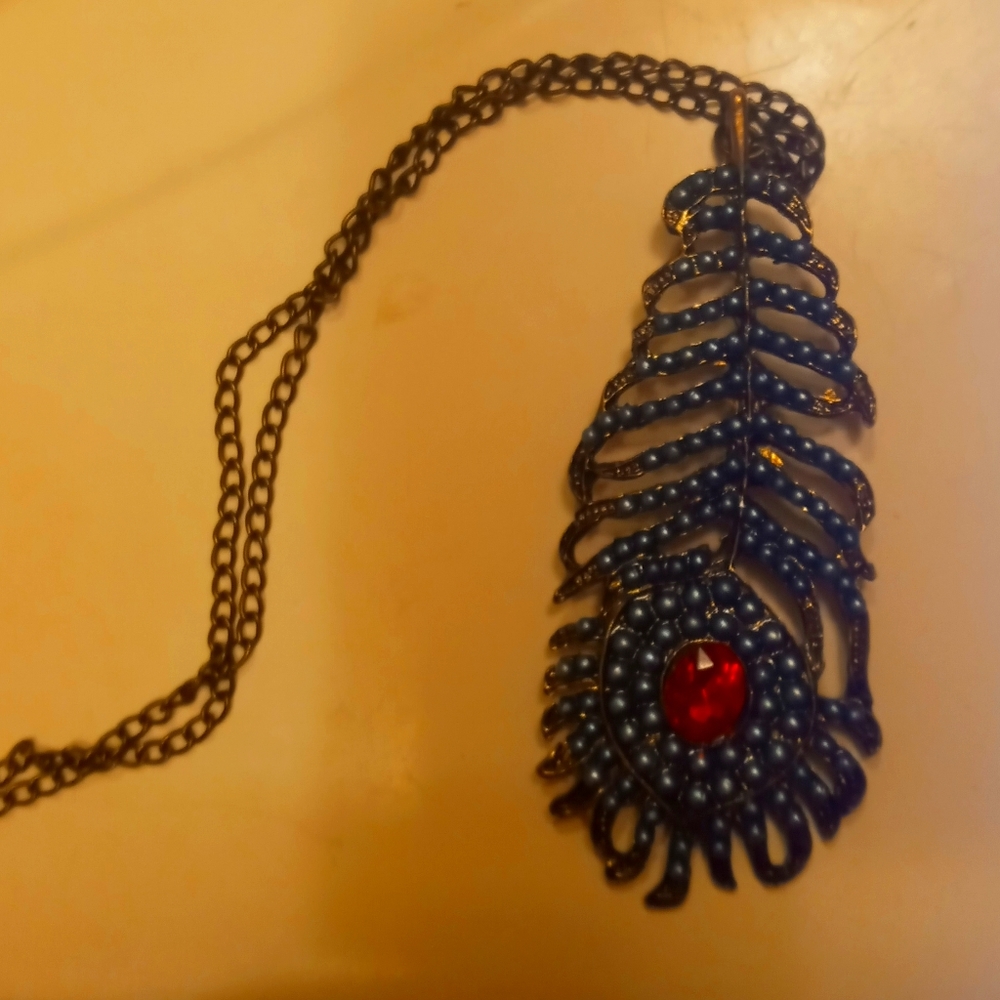 Turquoise Seed Bead Feather Pendant Necklace